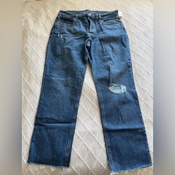 High Waisted Button Fly Slouchy Straight Ripped Jeans Size 12 Regular Length - Picture 4 of 8